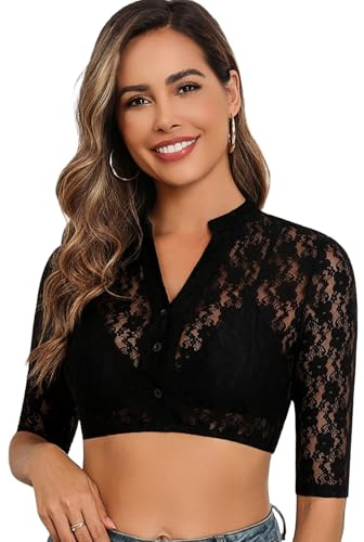 Zeagoo Dirndl Bluse Damen Spitze Trachtenbluse Oktoberfest Dirndlbluse Weiß | V-Ausschnitt Blusen | Halbarm Spitzenbluse | Knopf Dirndl Bluse | Elegante Dirndlblusen | Sexy Dirndl | Schwarz Weiß XS-3XL