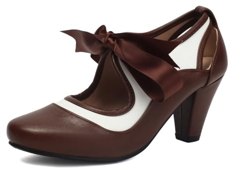 Elerhythm Women's Mary Jane Two Tone Lace Up Closed Round Toe Vintage Heels 1950s Pumps 1920s Victorian Retro Shoes, Brown, 8.5 UK
