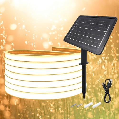 KISUFU 24V COB Solar LED Streifen, IP65 Wasserdichte 320 LEDs/m Doppelseitiges Licht Solar LED Band mit 2400mah 8 Modi Solarpanel für Garten, Patio, Geburtstag, Hochzeit, Außendekoration.