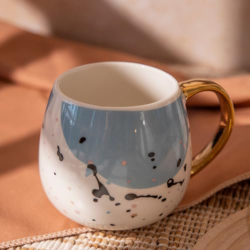 FABFINDS Elegant Polka Dot Coffee Mug 400ml New Bone China Cup with Gold Handle, Multicolour Dots, Stylish & Durable for Tea or Coffee, Home or Office Use (Blue)