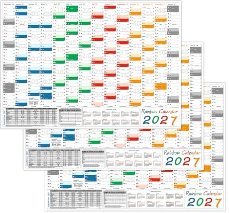 3 Stück Rainbow Wandkalender/Wandplaner 2027 (gerollt) DIN A2 Format (420 x 594 mm) 14 Monate, komplette Jahresvorschau Folgejahr und Ferientermine Feiertage aller Bundesländer