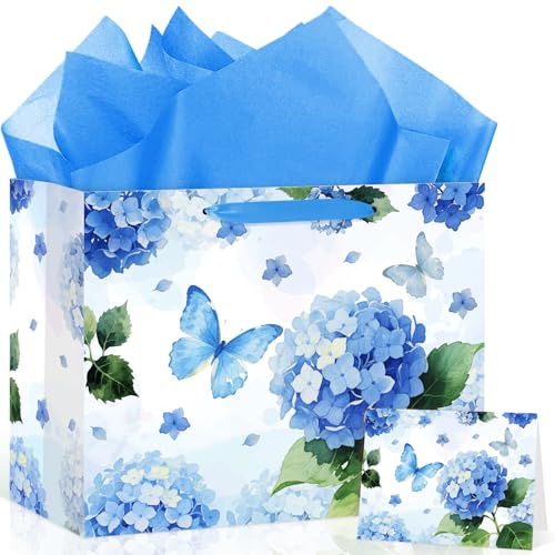 Floral Gift Bags Hydrangea Birthday Decorations Birthday Gift Bag with Wrapping Paper and Card
