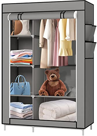 Supfine Aufbewahrungsschrank mit Kleiderstange und Regalen, Stoffschrank, tragbar, für Schlafzimmer (dunkelgrau, 105 x 45 x 170 cm)