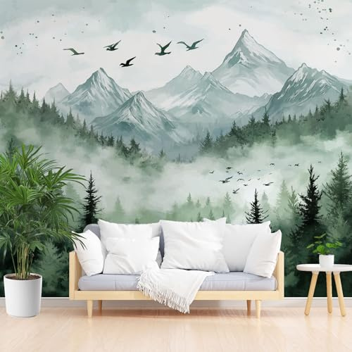 Gaqinhh Forêt Brumeuse Papier Peint Intissé, Paysage Naturel Tapisserie Murales Papier Peint, Oiseau Montagne Jungle Tapisserie Panoramique 3d Cuisine Salle de Bain Chambre Enfant 450 x 315 cm
