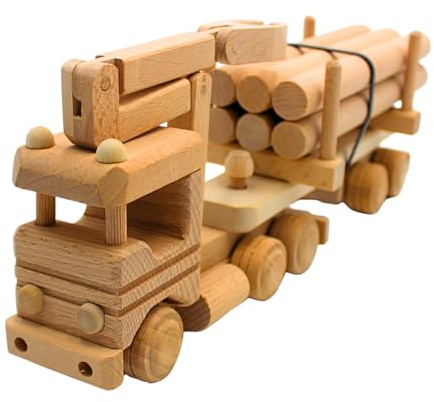 Dekohelden24 Nachhaltiger LKW als Modellauto, Dekoauto als Holztransporter, LKW Holz-Hänger mit Mit Kranarm und Holzbaustämmen, Baumstamm - Transporter aus Holz, L/B/H 33 x 8 x 13 cm.