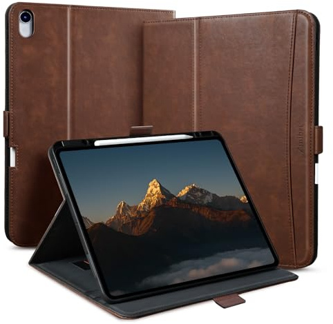 Zinibri Hülle für iPad Air 13 Zoll M4 2026/M3 2025/M2 2024, Dunkelbraun | Handgemacht, Veganes Leder, Stifthalter, Handschlaufe, Tasche, Magnetverschluss, Multi-Winkel-Ständer, Auto Schlaf/Wach
