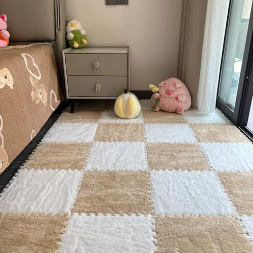 Xiyocadt 10 Stück Puzzleteppich Flauschig, 30x30 cm Puzzle Teppich Matte, Anti-Rutsch Schaumstoff-Bodenmatten für Schlafzimmer, Wohnzimmer (Weiß+Apricot,30x30x1 cm)