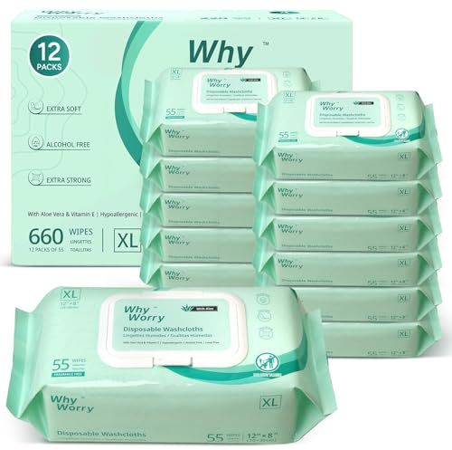 WhyWorry XL Feuchttücher für Erwachsene, Parfümfrei, 20x30 cm, 660 Stück | Feuchte Waschlappen, Extra Dick, Inkontinenz Pflege für Ältere, Extra Groß Pflegetücher mit Aloe & VE, 12 Packungen mit 55