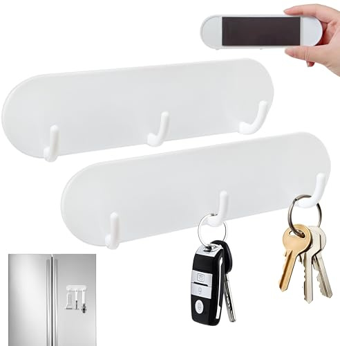 QACUU 2 Schlüsselbrett Magnetisch, weiße Kühlschrankhaken für Schlüssel | Magnethaken Weiß im kompakten Design, zum Aufhängen von Schlüsseln an Kühlschrank und anderen magnetischen Metallflächen.