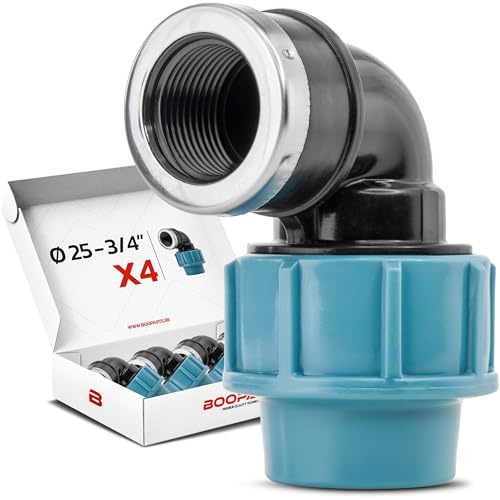 BOOPARTS – Gomito Femmina a Compressione PP Ø25 mm x 3/4 per Tubo PE | Raccordo per Irrigazione e Giardino | Set da 4 Pezzi