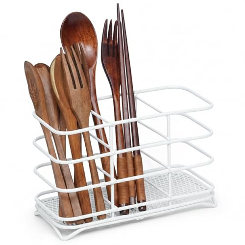 Besto Cutlery Drainer for Kitchen Utensil | Powder Coated Steel Utensil Holder | Steel Mesh Basket Cutlery Rack for Kitchen Forks Knives, & Spoons (White)