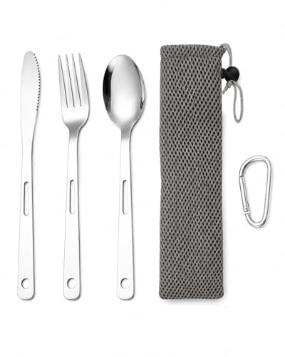 YIPFEN Set di Posate Portatili per Viaggio e Campeggio, 3 Pezzi in Acciaio Inox, Riutilizzabile con Custodia e Moschettone per Outdoor, Ufficio e Pic-nic.