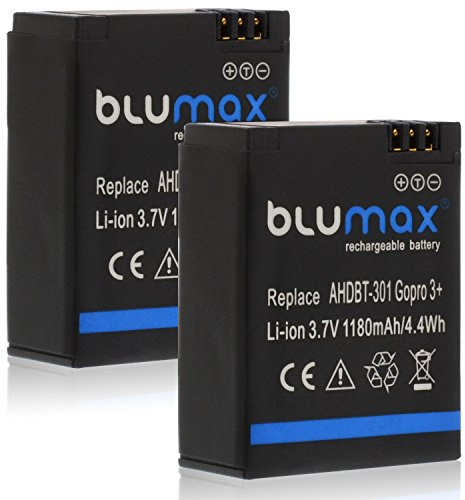 Blumax 2X Akku 1180mAh - ersetzt GoPro Hero 3 Plus 3+ / 3 Black, Silver, White - AHDBT-201, AHDBT-301, AHDBT-302, AHBBP-301, ACARC-001, AWALC-001