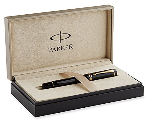 Parker S0690430 Duofold-Füllfederhalter (Ausführung Black International mit vergoldeten Verzierungen, mittelstarke Feder)