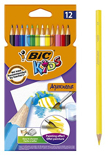 BIC Kids Aquacouleur Lápices Acuarelables Efecto Pintura - colores Surtidos, Blíster de 12 unidades