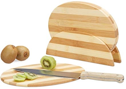 Relaxdays Frühstücksbrettchen aus Bambus HxBxT: ca. 0,5 x 25 x 18 cm Küchenbretter im Set 4 Stück mit Halter Schneidebretter gestreift beidseitig verwendbar mit Brettchenständer messerschonend, natur