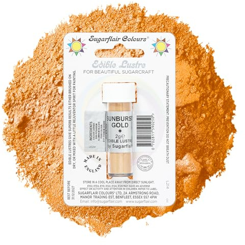 Sugarflair Sunburst Gold Edible Lustre Dust, Add a Lustrous Shine to Cakes or Decorations. Brush On or Add Rejuvenator to Create Eye-Catching Edible Paint, Gives Shine to Your Bakes - 2g