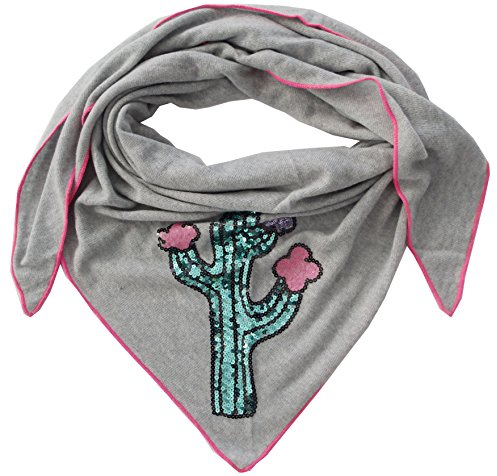 Mississhop 249 Damen Dreieckstuch Dreiecksschal XXL Schal Kaschmir Strick Tuch Cashmere mit bunten Pailletten Zwillingsherz grau mit Neon Rand