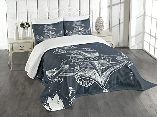 ABAKUHAUS Marine Tagesdecke Set, Knot Anker Kompass, Set mit Kissenbezügen Weicher Stoff, für Doppelbetten 220 x 220 cm, DunkelBlau-weiß