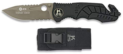 K25 K25-19624 - Navaja Tit. Coated. Hoja: 9cm - Herramienta para Caza, Pesca, Camping, Outdoor, Supervivencia y Bushcraft