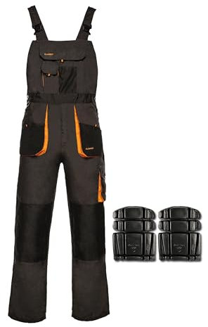 ART.MAS Men's Classic Bib and Brace Overalls, Grey-Orange, Multi-Pocket Work Dungarees with Knee Pads (26/28 Inch - 44 EU)