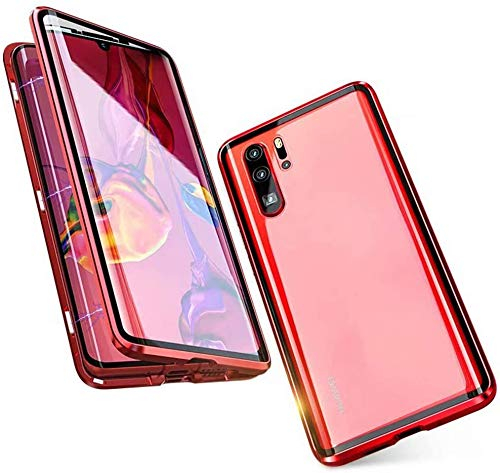 Kompatibel Hülle Huawei P30 Lite Magnetische Adsorption Technologie Handyhülle Metallrahmen Transparent Gehärtetes Glas Schutzhülle Cover Case - Rot