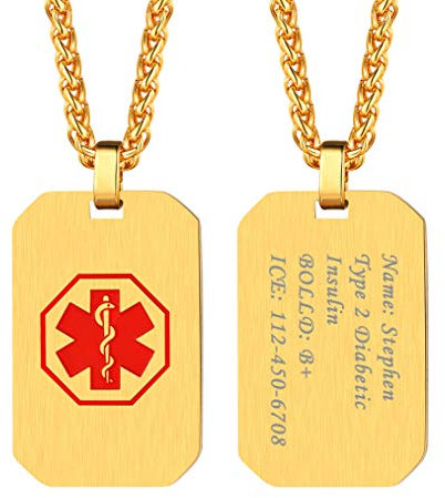 Bandmax Herren Medical Alert Dog Tag personalisiert achteckige Erkennungsmarke mit 18k vergoldet Weizenkette Schmuck Notfall SOS Alarm Anhänger Halskette Infos Gravur für Epilepsie