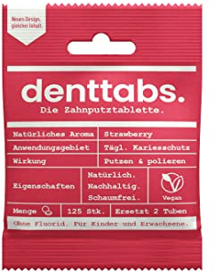 Denttabs Zahnputztabletten Erdbeergeschmack 125 Stk. die vollwertige Alternative zur Zahnpasta, fluoridfrei für Kinder und Erwachsene VEGAN Plastikfrei ohne Konservierungsstoffe. kompostable Bag