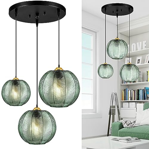 GCQ 3 en 1 Lámpara Colgante de Cristal, Lámpara de Verde E26 E27 Lámpara de Cristal Moderna del Siglo Medio con Pantalla de Soplado para de Techo Colgante para Sala de Estar