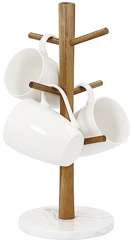Buruis Wood Mug Holder, Marble Base Cup Rack Tree, Mug Stand Hanger, Kitchen Coffee Mug Tree Countertop Tea Cups Holder Stand, Coffee Cup Dryer with 6 Hooks (Round Base White)