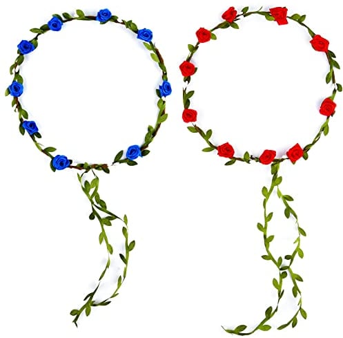 PLULON 2 Stück Blumenkrone Stirnband Frauen Girlande Stirnband Haar Blumenkranz Boho Kopfschmuck für Mädchen Hochzeit Festival Haarschmuck (Rot + Blau)