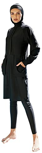 IMEKIS Damen Muslimisch Bademode 3tlg Kopftuch Bescheidener Badeanzug Islamischer Burkini Badeanzug Langarm Schwimmoberteil mit Hose Hijab Ganzkörper Schwimmanzug Schwarz 12 XL