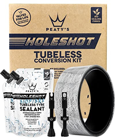 Peaty's Holeshot Tubeless-Umrüstkit - Enduro und DH, 35mm Felgenband, 42mm Tubeless Ventil, 2 x 120ml Biofibre Reifendichtmittel Fahrrad, Felgen- und Pannenschutz Fahrrad, Zubehör für Reifen & Felgen