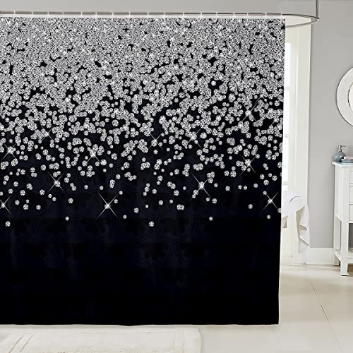Loussiesd Silver Glitter Shower Curtain (No Glitter) Bling Partyations Black Bathroom Fabric Shower Curtain Set for Kids Teens Diamond Floral Bath Curtain Waterproof Curtains 72x94 Inch
