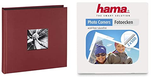 Hama Bundle Fotoalbum Jumbo 30x30 cm (Fotobuch mit 100 schwarzen Seiten) Bordeaux Fotoecken 1000 Stück (selbstklebend, geeignet für Fotoalbum, Spenderbox 2X 500 Stück), transparent