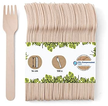 GREENBOX Lot de 100 fourchettes à gâteau en bois - Couverts jetables - En bois - Biodégradables, compostables - Fourchettes en bois - Couverts jetables solides - Fourchettes - 14 cm