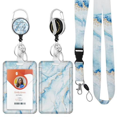 ID Badge Holder mit Lanyard, einziehbare ID Badge Card Holders Abnehmbare Hals Lanyard Strap mit Badge Reel und vertikale ID-Halter für Krankenschwester Studenten (Marble Light Blue)