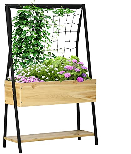 Outsunny Jardinière sur Pieds avec étagère inférieure et Treillis Filet pour Plantes et Fleurs - dim. 80L x 30l x 125H cm - Bois et métal