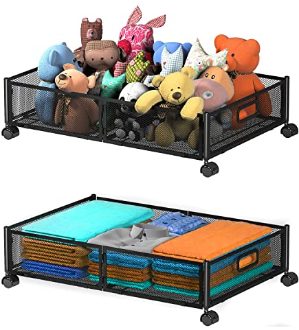SKERELL Under Bed Storage with wheels,Foldable under Bed Clothes Storage with Handle,Heavy Duty Metal Under Bed Shoe Storage Organizer, Under Bed Storage Drawer for Blanket, Clothes, Toys