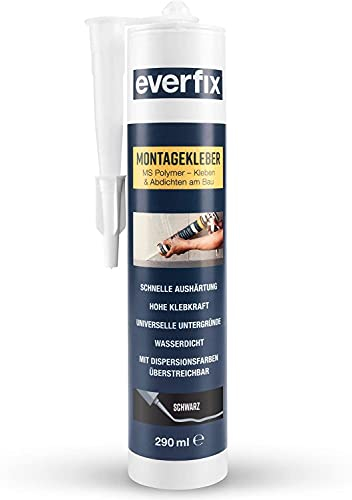 EVERFIX Colla di montaggio nera (cartuccia da 325 g/290 ml) per interni ed esterni, colla extra forte per metallo, legno, piastrelle, ecc., colla da costruzione per incollare e sigillare