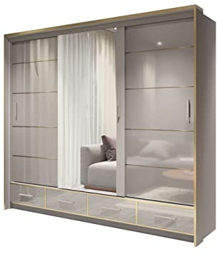 Kleiderschrank mit Spiegel Schwebetürenschrank 2-türig Schrank mit vielen Einlegeböden und Kleiderstange Gaderobe Schiebtüren Schlafzimmer - Modern Design (BxHxT) | 253x220x66 - Seraphine 253 Grau