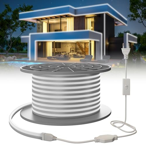 SUCIKORIO Neon Led Strip 30m, 230V Wasserdicht IP65 Neon LED Streifen Weiß 6000K Leds Lichterkette Außen 120 LED/M Flexibler DIY Lichtband mit Netzteil für Innen Aussenbereich Deko