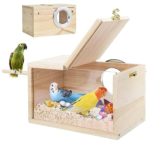 Wellensittich Nistkasten Transparentes Design, Vogelnest Brutkasten Holz, Sittich Nistkasten Transparentes Vogelhaus für Käfig Naturholz Aufzuchtkasten für Papageien Lovebirds Wellensittiche Finken