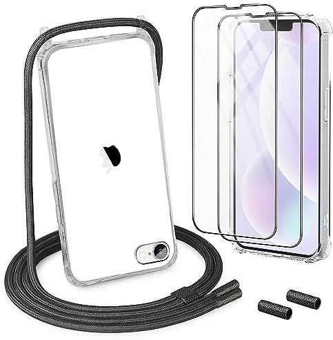 DiDaDi Handykette Kompatibel mit iPhone 7/8, SE 2020 und SE 2022 Hülle mit Band Transparent Schutzhülle mit Schutzfolie, Abnehmbar Necklace Stylische Handyhülle zum Umhängen Kordel Case (Schwarz)