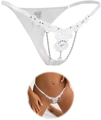 ohmydear Floral G String Thongs for Women Sexy Shiny Rhinestones Underwear | Micro Thong,Adjustable Fit,Sparkling Rhinestone Chain,Low Rise Tanga Briefs Ladies Knickers,Lace Applique,Plus Size UK 10-18