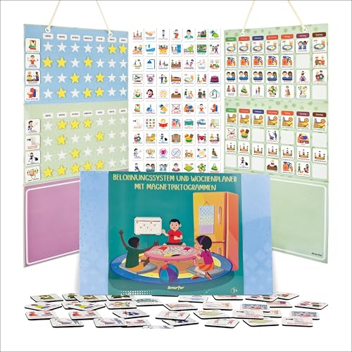 Smarfer – Wochenplaner Kinder - Montessori Aufgabenplaner & Magnettafel | Magnetischer Montessori-Wochenplaner und Belohnungstafel für Kinder; 98 Piktogramme 4 x 4 cm, 280 Sticker, 72 Sterne