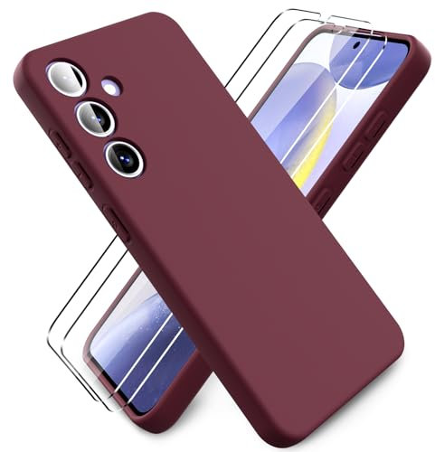 Ikziwreo Cover per Samsung Galaxy S24, 2 Proteggi Schermo in Vetro Temperato,Custodia in Silicone Morbido TPU Liquido,Case Protettiva Gomma Antiurto - Bordeaux