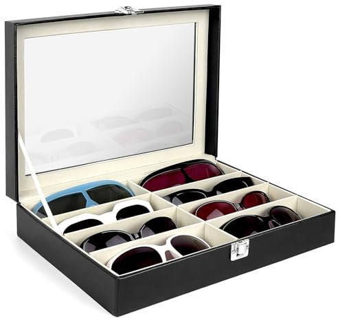 Organizer per occhiali da sole extra large, scatola portaoggetti per occhiali da sole con coperchio superiore in vetro, 8 scomparti, per collezionisti di occhiali, espositore per occhiali da sole,