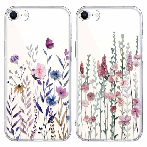 Coiwxmoi 2 Stück Blumen Handyhülle für iPhone 8/7 / SE 2020 / SE 2022 Hülle 4,7,Transparent Aesthetic Muster Handyhülle für Mädchen Frauen Durchsichtig Weich Silikon TPU Stoßfest Bumper Schutzhülle