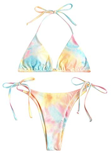 Bikini Badeanzug Damen Seitlicher Schnürung Tanga Bikini Verstellbare Retro Batik Bademode Triangel String Neckholder Bikinioberteil Zweiteiler Swimsuit mit Dreieck Cup Spaghetti-Träger(Gelb, M)